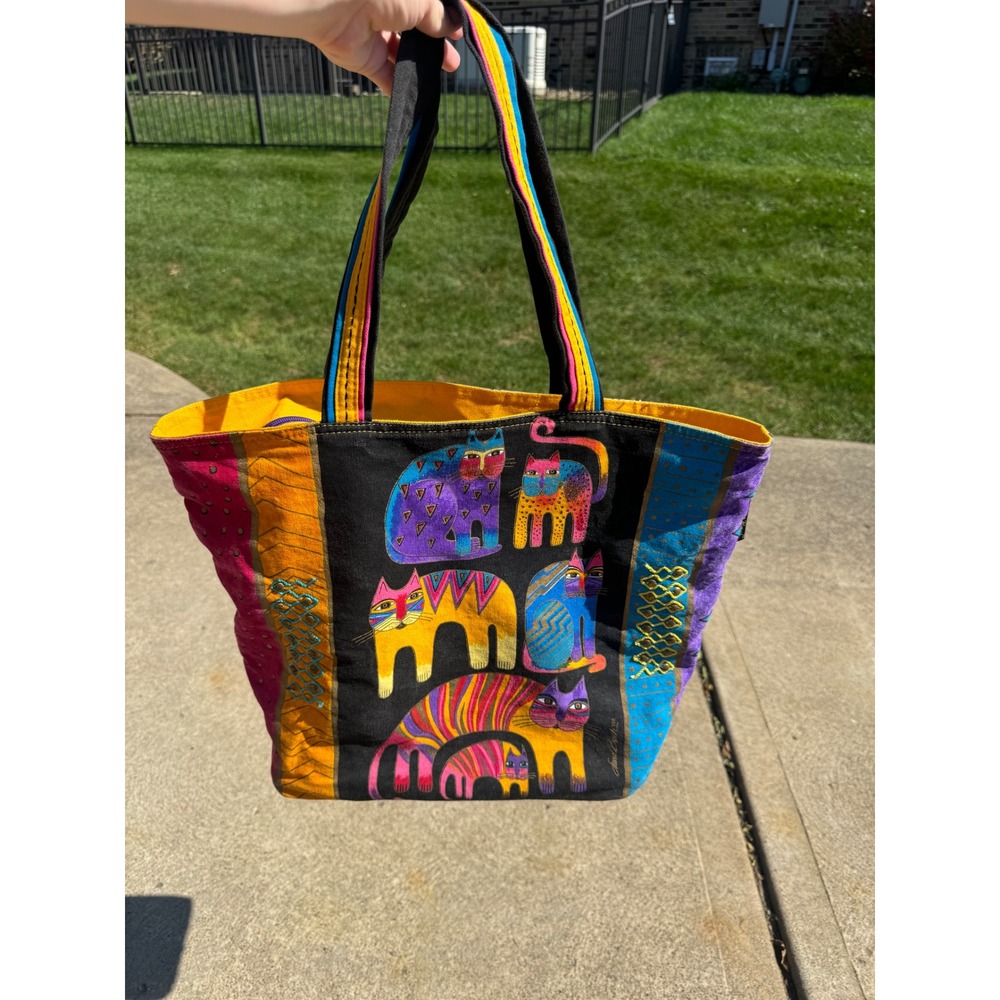 Laurel Burch Canvas Tote Bag Fantastic Felines Colorful Cat Art Shoulder Bag